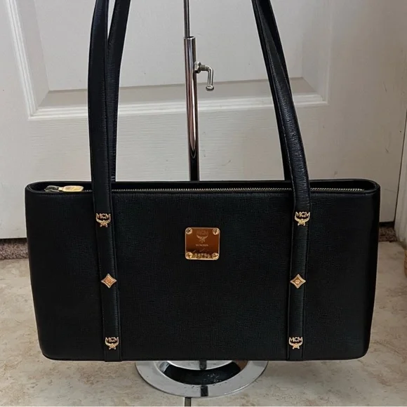 MCM Black Leather Tote Shoulder Bag with Gold Accents - Picture 1 of 13